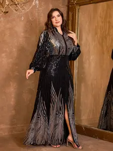 Elegant Plus Size V-Neck Lantern Long Sleeve Sequin High Slit Formal Evening Dress, Sparkling Party Gown, Random Trim