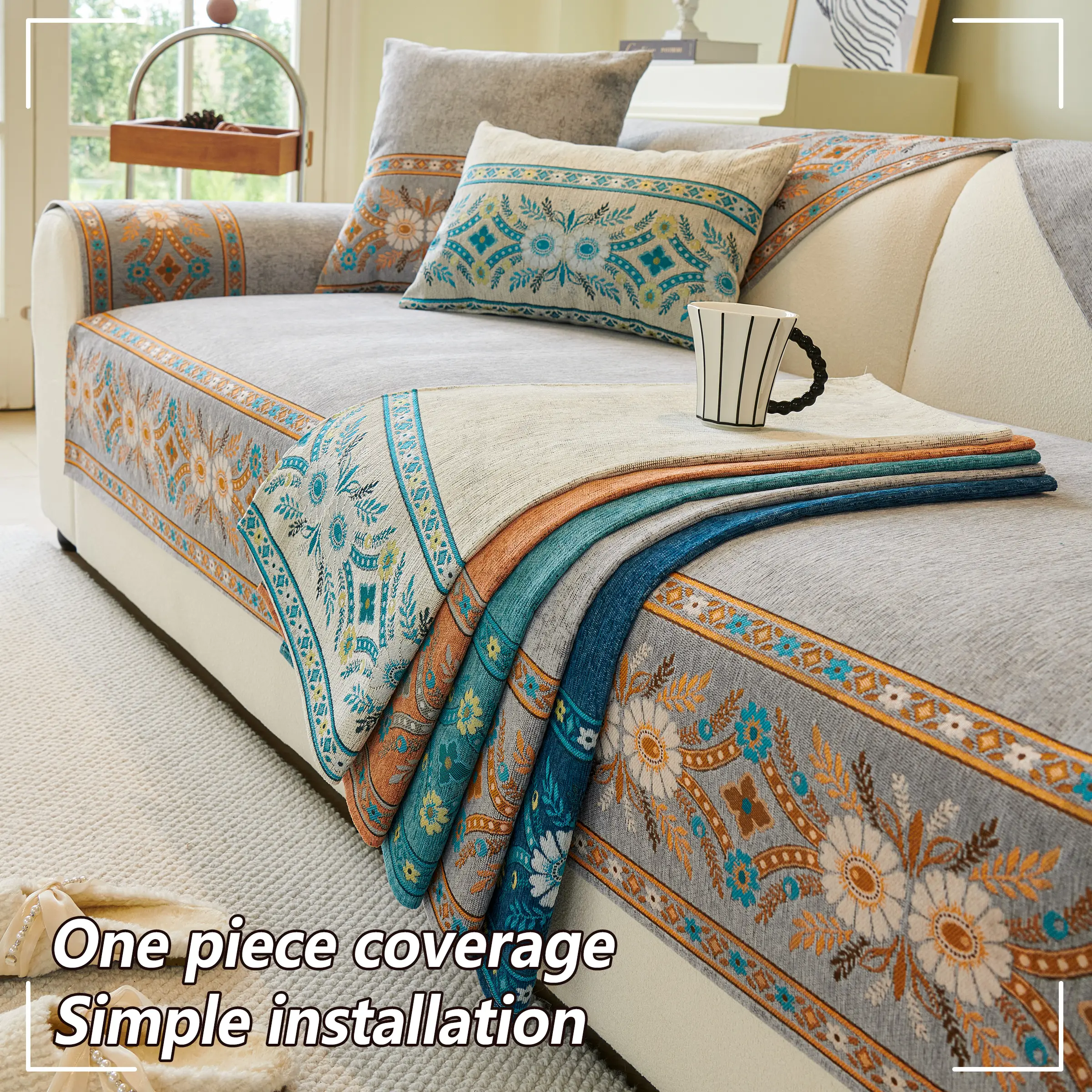Bohemian Chenille Sofa Cover, Geometric Embroidery, All-Season Pet-Friendly Furniture Protector, Non-Slip Slipcover