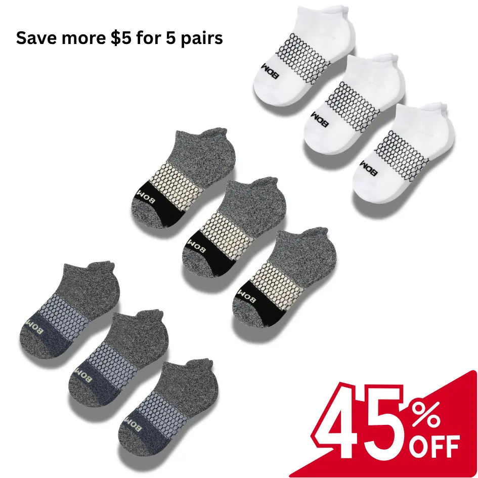 Pack 4/5 Bombas Ankle Socks, Cushioned Footbed & Honeycomb Arch Support, Seamless Toe, Blister Tab, Soft Cotton Blend, Size S, M, L, Women's Men's Daily wear