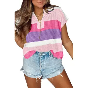 Women's Casual Short Sleeve Sweater, Small U Neck Dopamine Color Block Knit Top