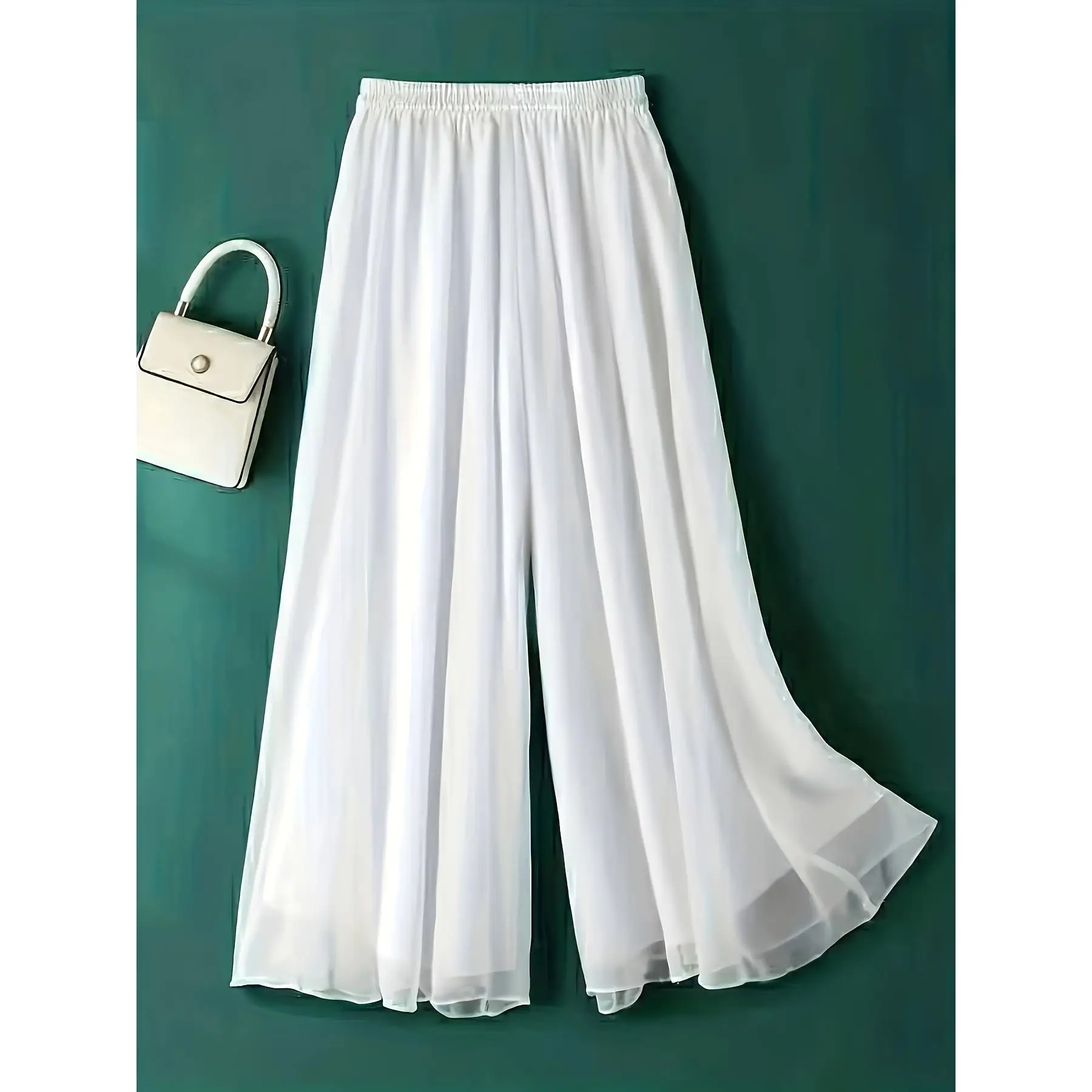 Women'S Chiffon Wide Leg Pants, Solid Color, 9/10ths, Summer, Loose Fit, Slimming