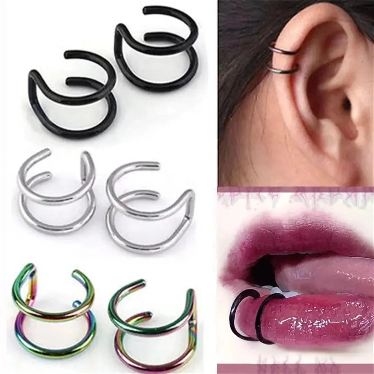 2-Piece Unisex Ear Cuffs in 316L Stainless Steel, Clip-On Non-Piercing Design, Fake Lip and Labret Ring Jewelry, Fake Piercings, Clip-On Ear Cuffs, Labret Rings, Female, 2Pcs, Non-Piercing Design Piercing Jewelry