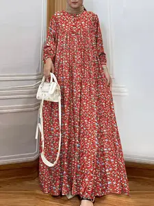 Women's Ditsy Floral Dress, Muslim Dress, Round Neck Long Sleeve Ruched Design, Random Print Half Button Front, Casual Loose Fit for All Seasons