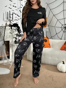 Women's 2 Piece Halloween Pajamas Set Pumpkin Ghost Print Long Sleeve Soft Comfy Spooky Holiday Sleepwear