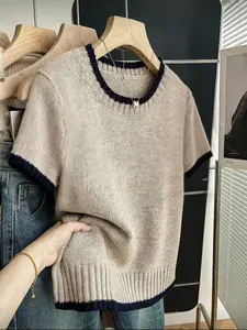 Spring Summer Women's Casual Color Block Short Sleeve Top, Trendy Preppy Style Loose Sweater for Daily Wear