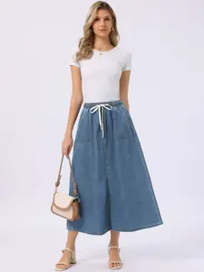INSPIRE CHIC Denim Maxi Skirt for Women Elastic Waist Casual A Line Long Jean Skirts