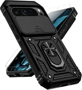 Google Pixel 9 / Pixel 9 Pro Case with Slide Camera Cover HD Screen Protector [Military Grade Drop Tested] Magnetic Ring Holder Kickstand Protective Phone Case for Google Pixel 9/9 Pro, Black Metal Protection