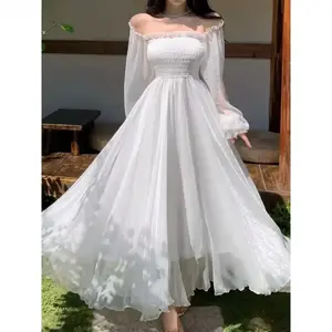 Elegant Maxi Dresses For Women White Off Shoulder Puff Long Sleeve Elastic High Waist Party Gown Ruffle Holiday Dress