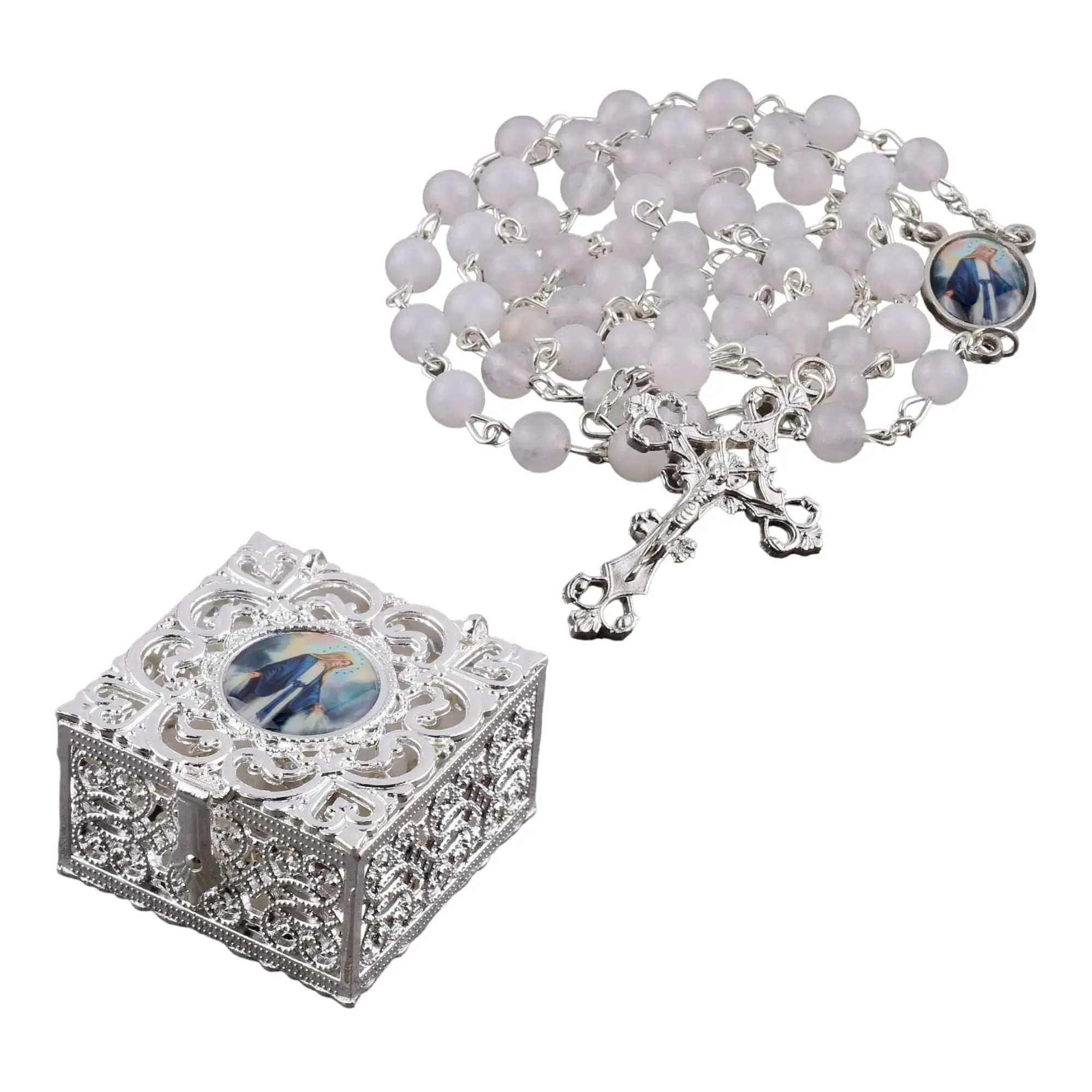 Joyful Harts - Natural Stone Rosary Beads - White Jade Catholic Rosary for Women with Rosary Box - Rosary Necklace for Women - First Communion Rosary for Girls - Rosarios Catolicos Para Mujer