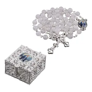 Joyful Harts - Natural Stone Rosary Beads - White Jade Catholic Rosary for Women with Rosary Box - Rosary Necklace for Women - First Communion Rosary for Girls - Rosarios Catolicos Para Mujer
