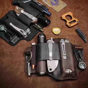 Outdoor Travel Tactical EDC Cowhide Tool Case with Flashlight and Multipurpose Knife for Backcountry Use