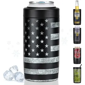 4-in-1 Slim Can Cooler Easy to Hold Insulated Beer Can Holder Double-Walled Stainless Steel for All 12 Oz Cans Black America Flag