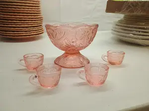 Pink Depression Glass Miniature Child's Punch Bowl & Cups Fish & Flowers Pattern