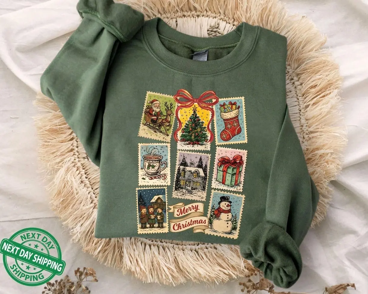 Vintage Christmas Stamp Sweatshirt, Retro Holiday Postage Collage Crewneck, Cute Festive Winter Graphic Hoodie, Cozy Christmas Party Outfit, Vintage Holiday Aesthetic Apparel, Cute Christmas Gift for Women and Men, Retro Winter Pullover