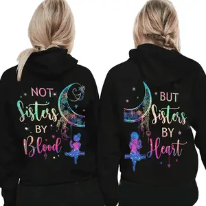 Not Sisters By Blood But Sisters By Heart Hoodie, Matching Best Friend Outfit, BFF Gift Sweatshirt, Moon and Stars Graphic Pullover, Cute Friendship Hoodie for Women, Valentine Matching Outfits for Couples