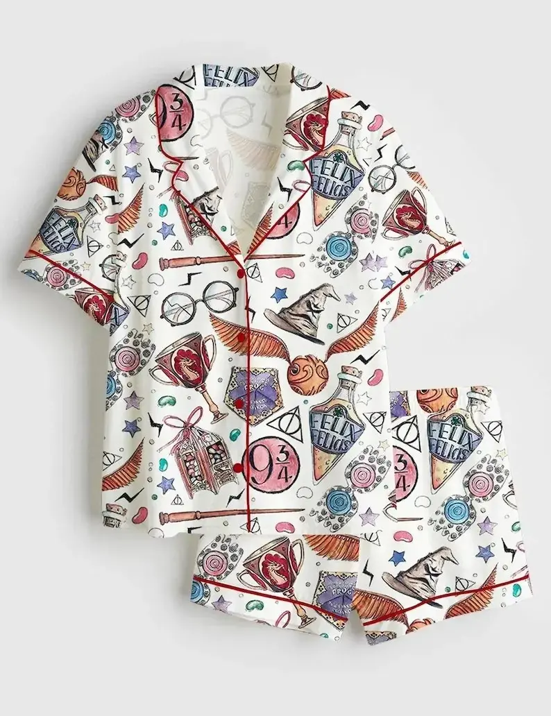 Women's HP Wizard School Academy Elegant Magic Satin Fabric Pajama Set, 100% Polyester Short-Sleeve Nightwear with Chest Pocket, Elastic Waistband, Button-Front Loungewear