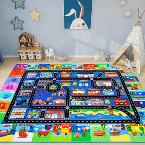 Kids Traffic Highway Map Flannel Area Rug - Colorful Road & Track Print with Alphabet Border, Non-Slip Educational Play Mat for Nursery & Playroom #KidsTrafficRug #HighwayMapMat #EducationalPlayCarpet #AlphabetBorderRug #NonSlipKidsMat