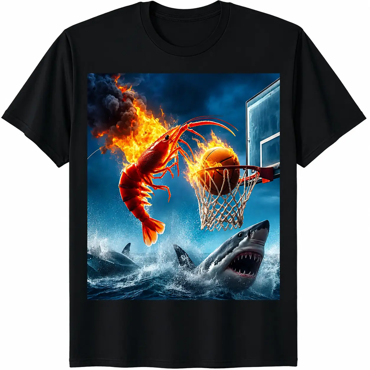 Premium Soft Cotton Unisex Funny Fire Shrimp Basketball Crew Neck Graphic Print T-Shirt Summer Wins Birthday Gift Casual Summer Daily Tee DealsForYouDays FathersDayGift summerwins