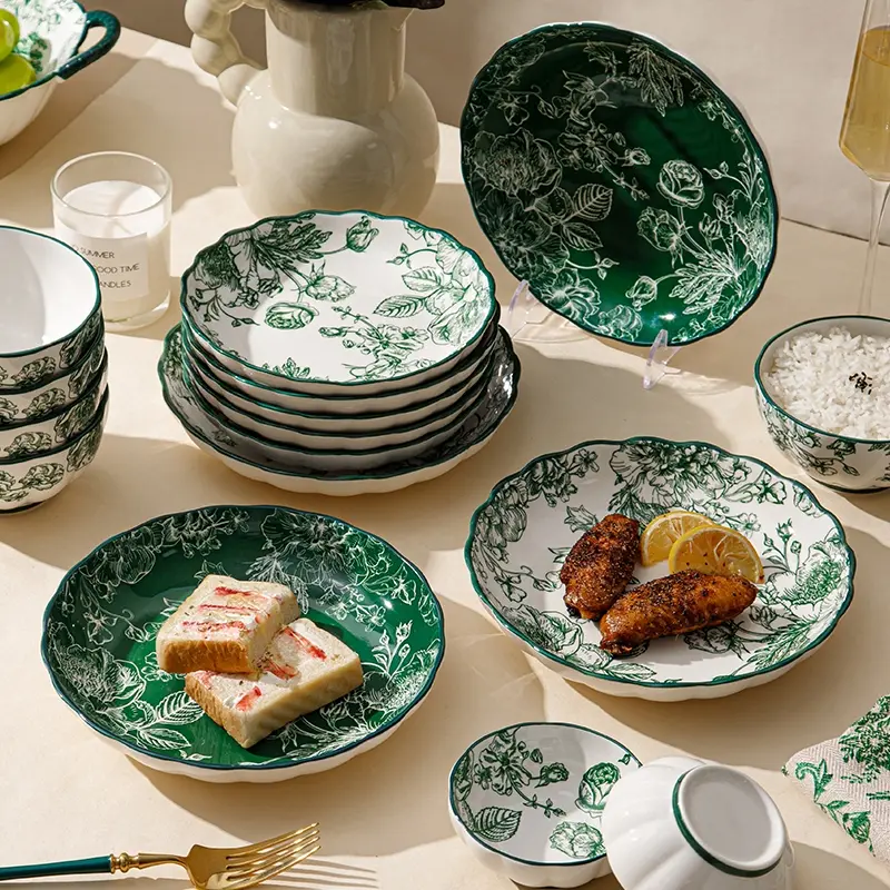 7/8-inch family ceramic Serving dinner plates, Modern ceramic dinnerware, Food Tableware, featuring green and red rose patterns, can hold fruits, salads. Microwave and dishwasher safe, suitable for home kitchens, picnic parties