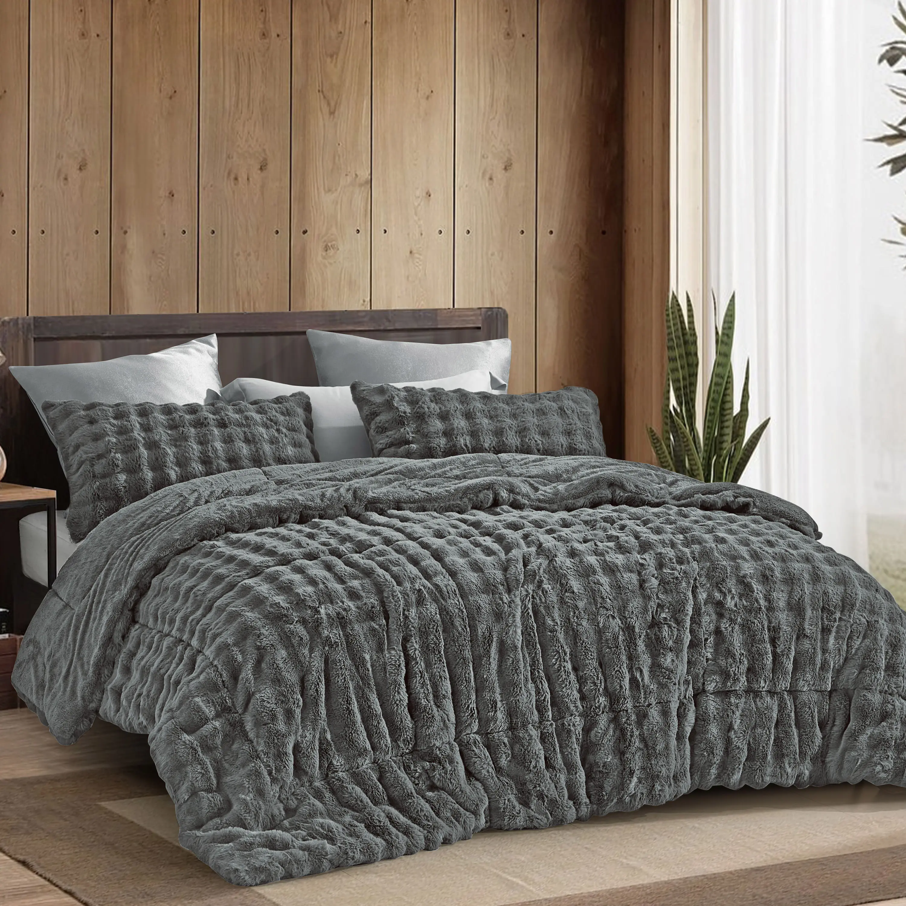 3Pcs Bubble Faux Rabbit Fur Comforter Set/Borrego Blanket Set -Super Soft & Warm Fuzzy Pink Bedding, Luxury Heavy Bed Set for Winter with 2 Pillow Cases, 3-Ply Thick Faux Fur Quilt Blanket for Holiday Gift Local Warehouse