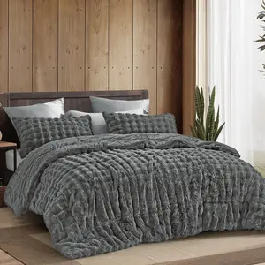 3Pcs Bubble Faux Rabbit Fur Comforter Set/Borrego Blanket Set -Super Soft & Warm Fuzzy Pink Bedding, Luxury Heavy Bed Set for Winter with 2 Pillow Cases, 3-Ply Thick Faux Fur Quilt Blanket for Holiday Gift Local Warehouse