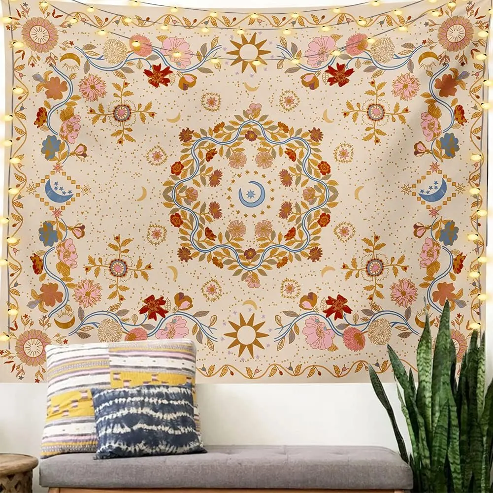 Wall Tapestry Bohemian - Floral Vine Tapestry Wall Hanging Celestial Sun Moon and Star Tapestries Hippie Home Decor Boho Tapestry for Bedroom Aesthetic (Cream, Large (60ʺx 80ʺ))