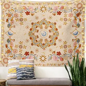 Wall Tapestry Bohemian - Floral Vine Tapestry Wall Hanging Celestial Sun Moon and Star Tapestries Hippie Home Decor Boho Tapestry for Bedroom Aesthetic (Cream, Large (60ʺx 80ʺ))