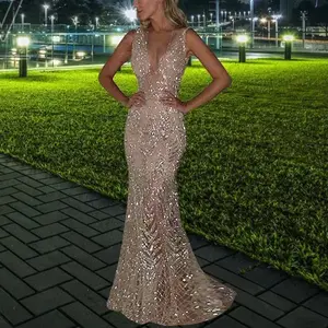 2026 Elegant Explosion Glitter Dress Sexy V-neck Party Pink High Waist Package Hip Floor Long Dress Banquet President Dress Cotton Fashion Wedding Guest Dress Indian Love Ball Dress Gold Dress Graduation Dress Ball