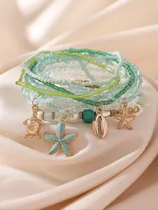 10 Pcs Boho Ocean Theme Bracelet Set, Dolphin Starfish Turtle Shell Beads, Elastic String Jewelry for Women, Beach Holiday Gift