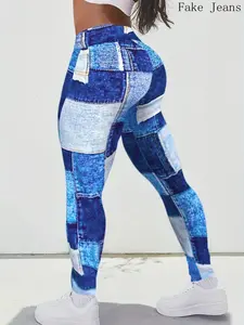 Plus Size Denim-Effect Print High Waist Leggings, Casual Patchwork Skinny Pants For Women, Women's Bottoms For Summer Spring Fall