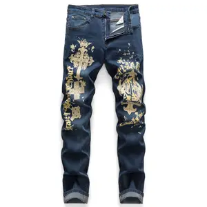Men's American High Street Cross Print Jeans, Vintage Washed Slim Fit Denim Pants, Y2K Hip Hop Straight Leg Trousers