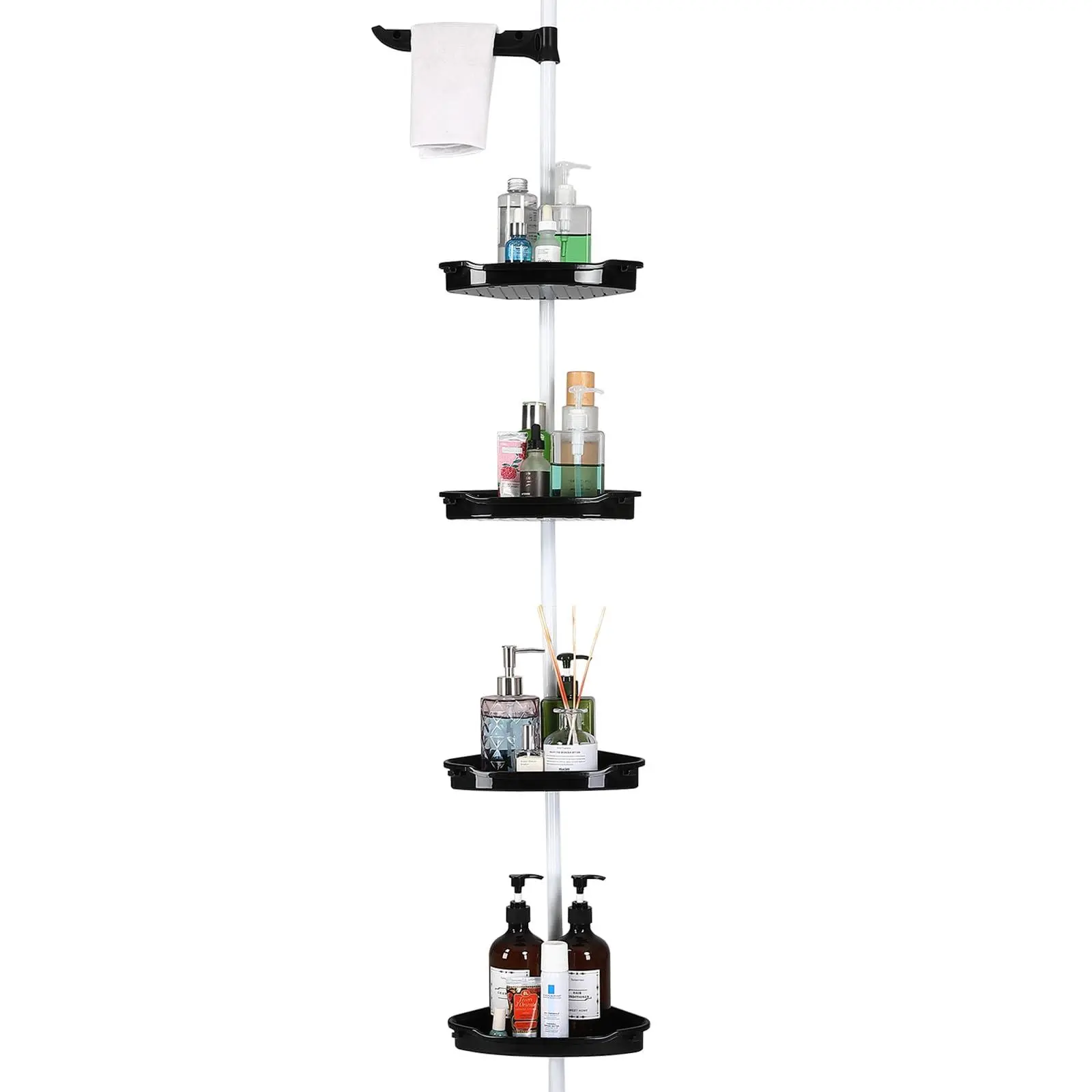 Corner Shower Caddy Tension Pole, 4 Tier Bathroom Shower Shelves Organizer with Adjustable Trays, 101.6 Inch-122 Inch, Bathtub Shelves Shampoo Holder for Inside Shower, Black