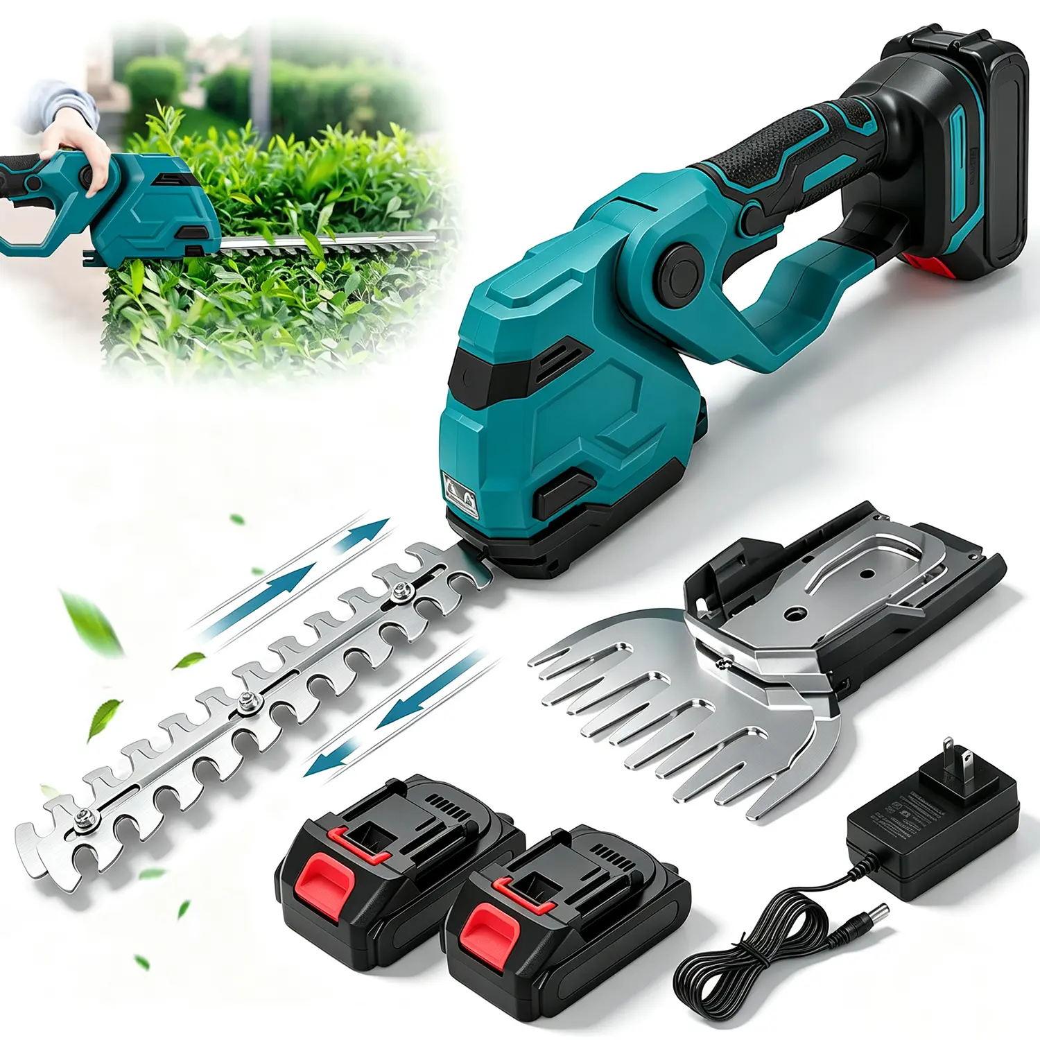 Cordless Grass Shear & Hedge Trimmer Handheld Lawn Garden Cutter | 2-in-1 Cordless Hedge Trimmer with 2 Batteries | Brushless Motor, Adjustable Head 15°-45°, Dual Safety Lock