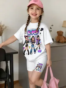 Fashion K-Pop Idol Group Printed Girls' Two-Piece Set, Casual Summer Set, Summer Clothing Set, Short Sleeve T-Shirt & High Stretch Fitted Shorts Summer