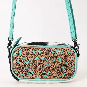 Small Crossbody Bag, Hair-On Cowhide, Hand-Tooled Floral Leather