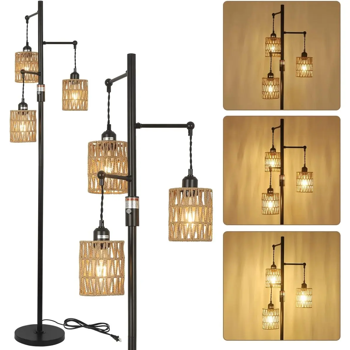 Boho Dimmable Warm White Floor Standing Lamp - 65in Tall, 3 Natural Rattan Shades, UL Certified E26 Sockets, Anti-Tip Base, Tool-Free Assembly, Vintage Farmhouse Style, 12.00 lbs, for Living Room, Nursery, Housewarming Gift for All Ages, 3 Rattan Shades,