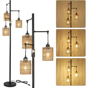 Boho Stepless Dimmable Floor Lamp 65" Tall with 3 Natural Rattan Shades UL Certified E26 Sockets Anti-Tip Base for Living Room Bedroom Tool-Free Assembly Vintage Farmhouse Style
