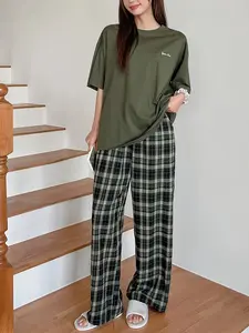 Olive Green Loose Crew Neck Short-Sleeve Top & Elastic-Waist Plaid Wide-Leg Sleep Pants, Lazy Style Autumn Winter Loungewear