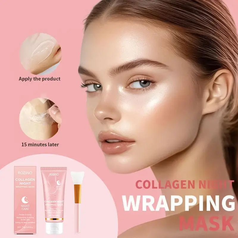 ROZINO Collagen Night Wrapping Sleeping Mask with Applicator Brush, Infused with Vitamin C, Green Tea & Aloe Vera, Intensive Overnight Deep Hydrating Treatment, Firming & Skin Smoothing Night Repair Mask, Daily Night Facial Skincare Routine, 75g Full Size