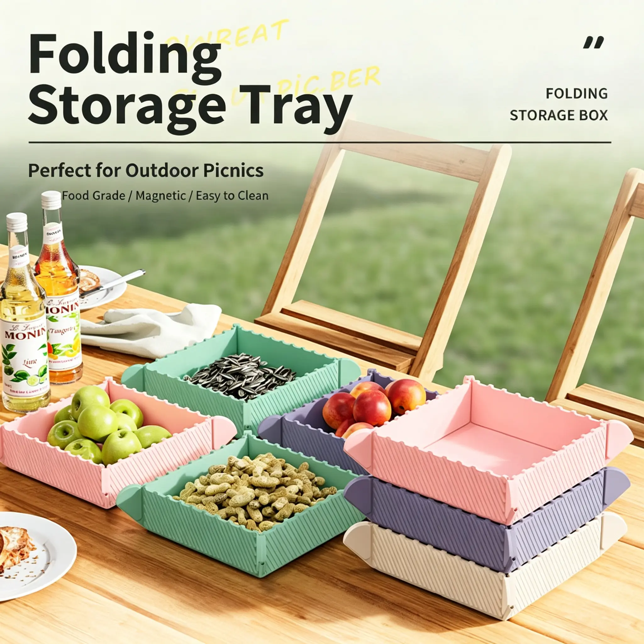 Multi-Functional Folding Kitchen Storage Box with Magnetic Silicone Heat Insulation Pad, Thick Tablecloth, Outdoor Chopping Board