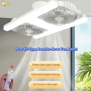 New H-Type Fan Light, E27 Screw Base Adjustable Angle LED Three-Color Changing, Powerful Silent Dual Airflow, Remote Control for Home Office Bedroom