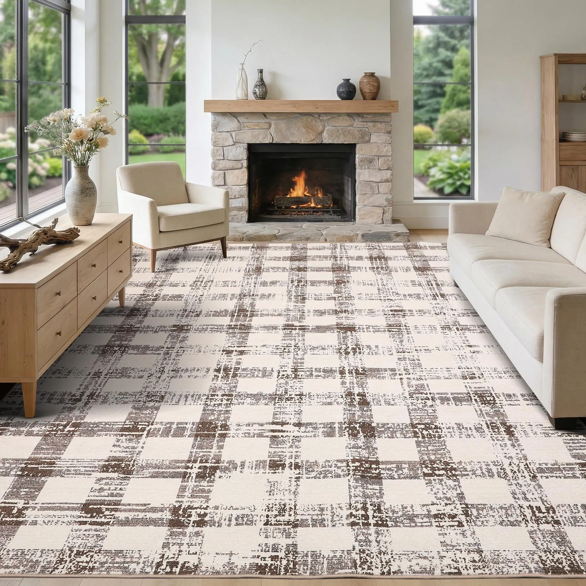 9x12 Checkered Area Rug, Washable Modern Geometric Rug, Non Slip Low Pile Soft Carpet for Bedroom, Living Room, Dining Room, Beige