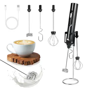Rechargeable Milk Frother with stand, Handheld Electric Foam Maker with 3 Speeds, Perfect for Milk frothing, Cappuccinos, Lattes, Black