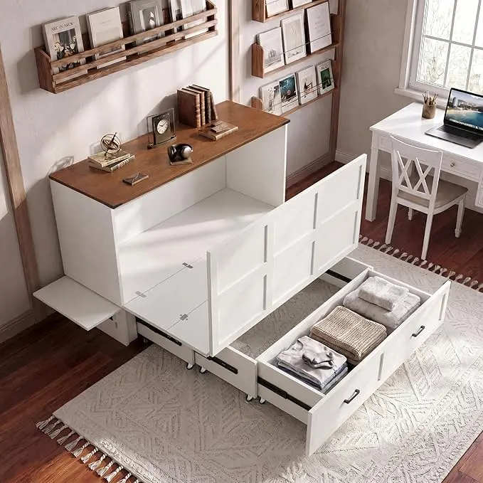 Murphy Chest Bed with Drawer and Charging Station, Farmhouse Wood Space-Saving Hidden Folding Full-Size Beds Chest, Multifunctional Storage Cabinet Bed for Bedroom, Office, Rustic White(2 Packages)