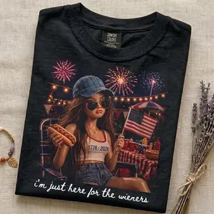 Comfort Colors Funny Doll Face 4th of July Shirt, Just Here For The Wieners Shirt, USA 250th Anniversary Shirt, Hotdog Independence Day Humor Graphic Tee