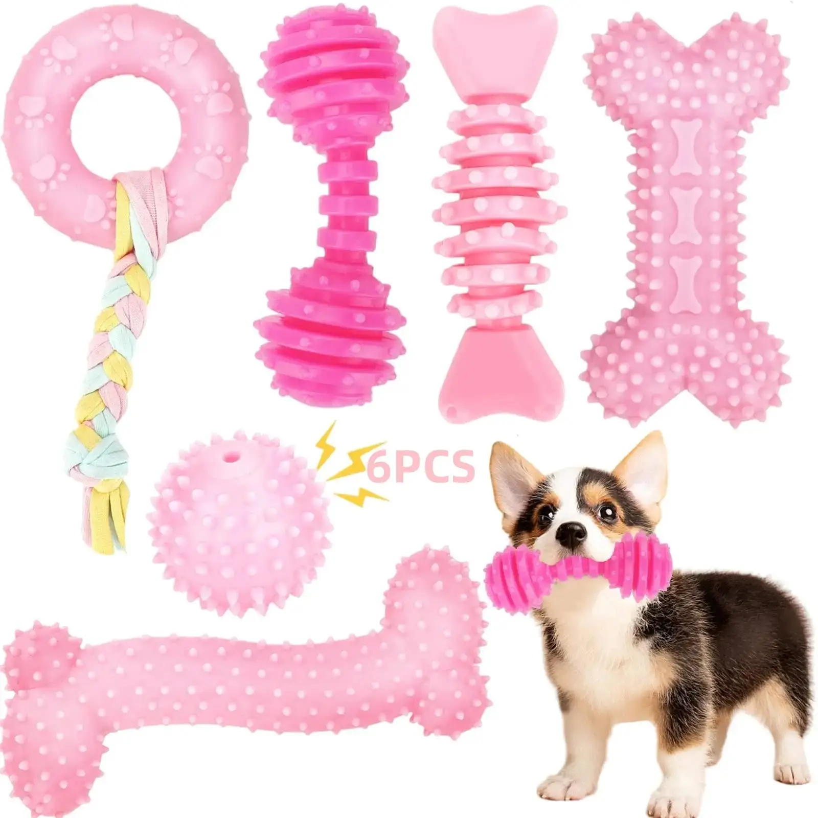 Durable Pet Chew Toy Set, 6 Counts/set Mixed Style Dog Teeth Cleaning Toy, Interactive Dog Teeth Grinding Toy, Pet Products, Valentine's Day Gift