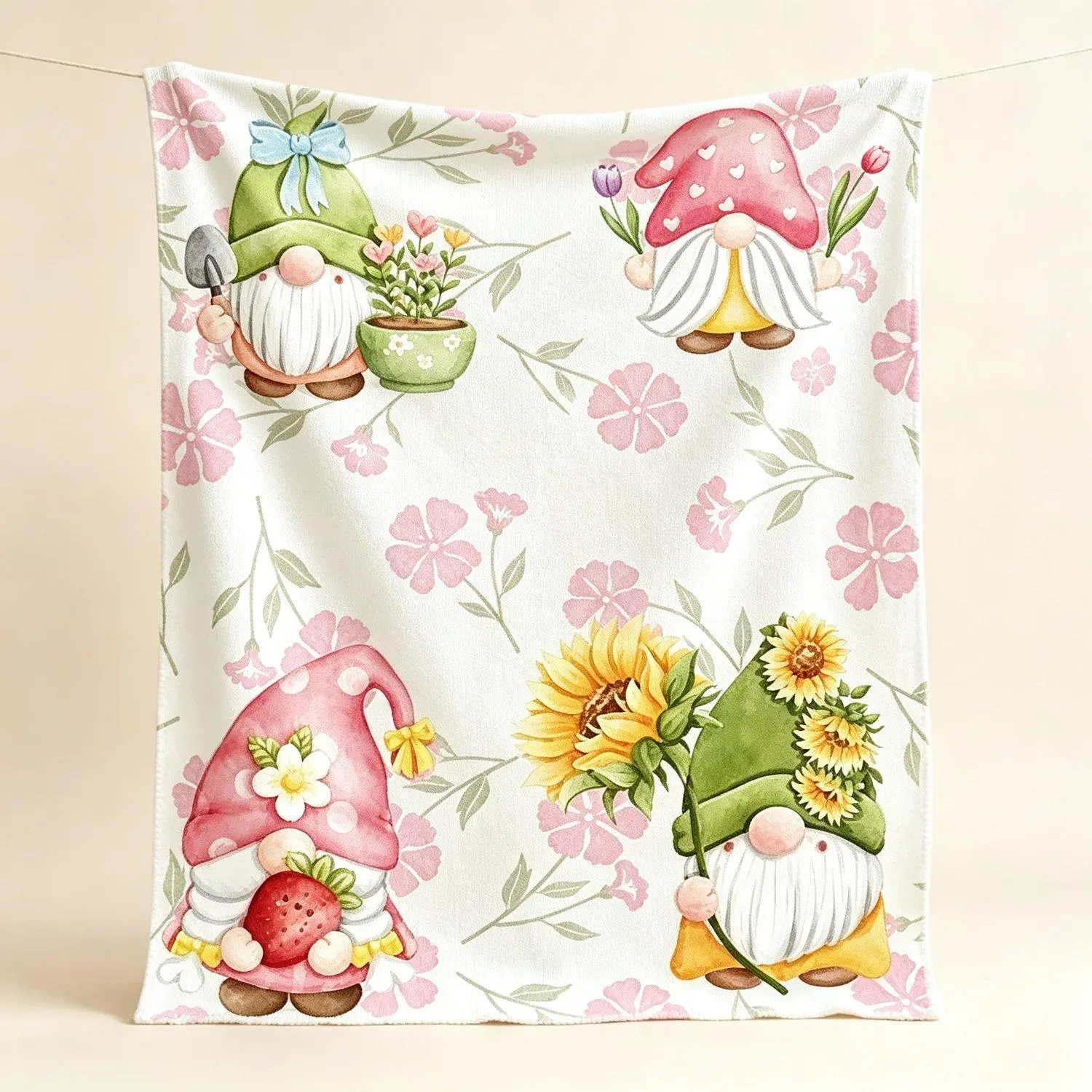 Gnomes Floral Blanket Cute Pink Flower Sunflower Gnome Soft Cozy Throw Blanket For Sofa Bed Home Decor Spring Garden Gift For Women