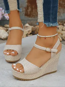 Elegant Velvet Women's Chunky Heel Shoes, High Heels, High Wedge Heels, Ankle Strap, All-Season Wear, Unique Square Toe Design, Fashionable Slip-On Slippers