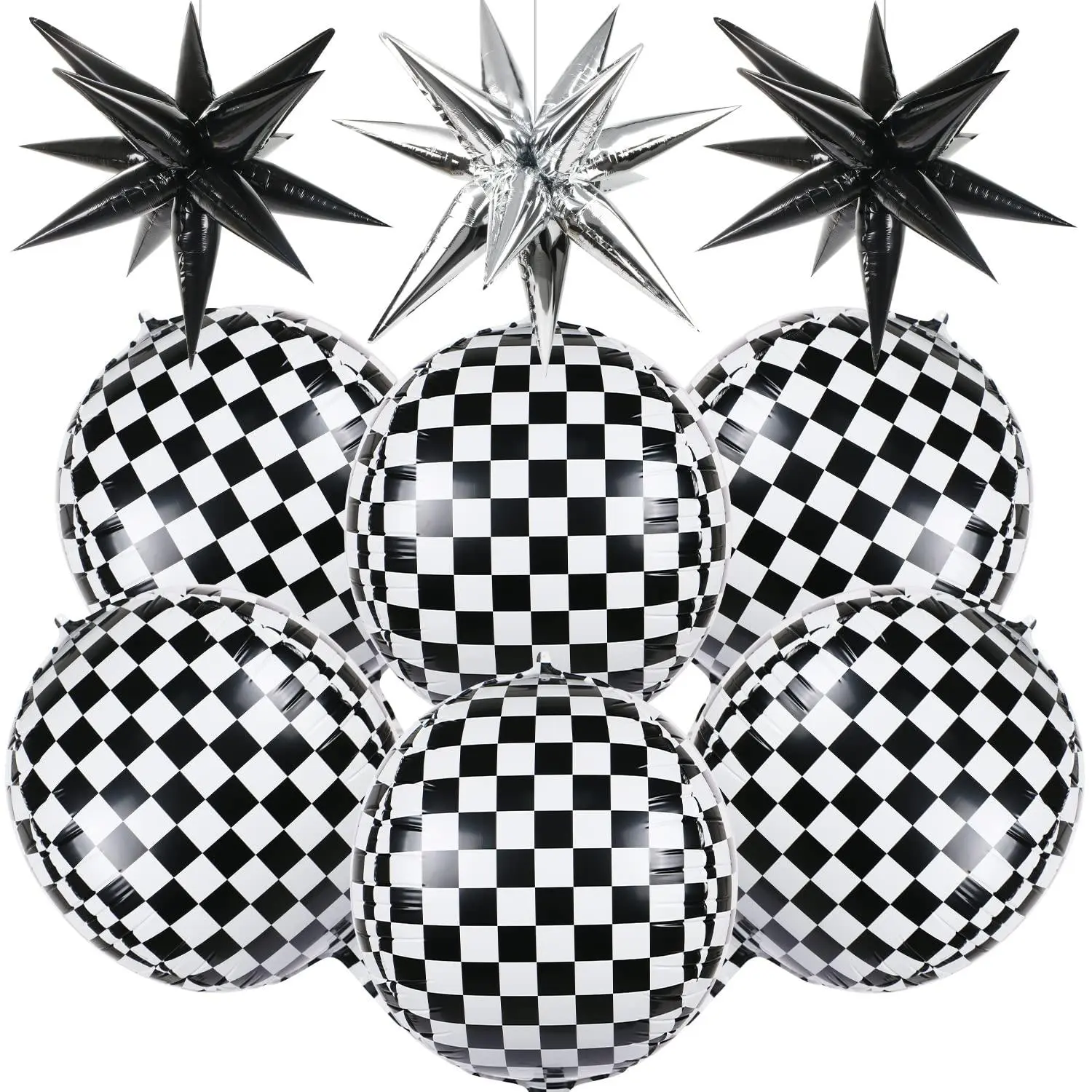 6 Pcs Race Car Checkered Balloons 3 Pcs Explosion Pointed Star Foil Balloons For Racing Party Decorations, 22'' Jumbo Sphere 4D Black And White Checkered Flag Mylar Balloons For Birthday Party