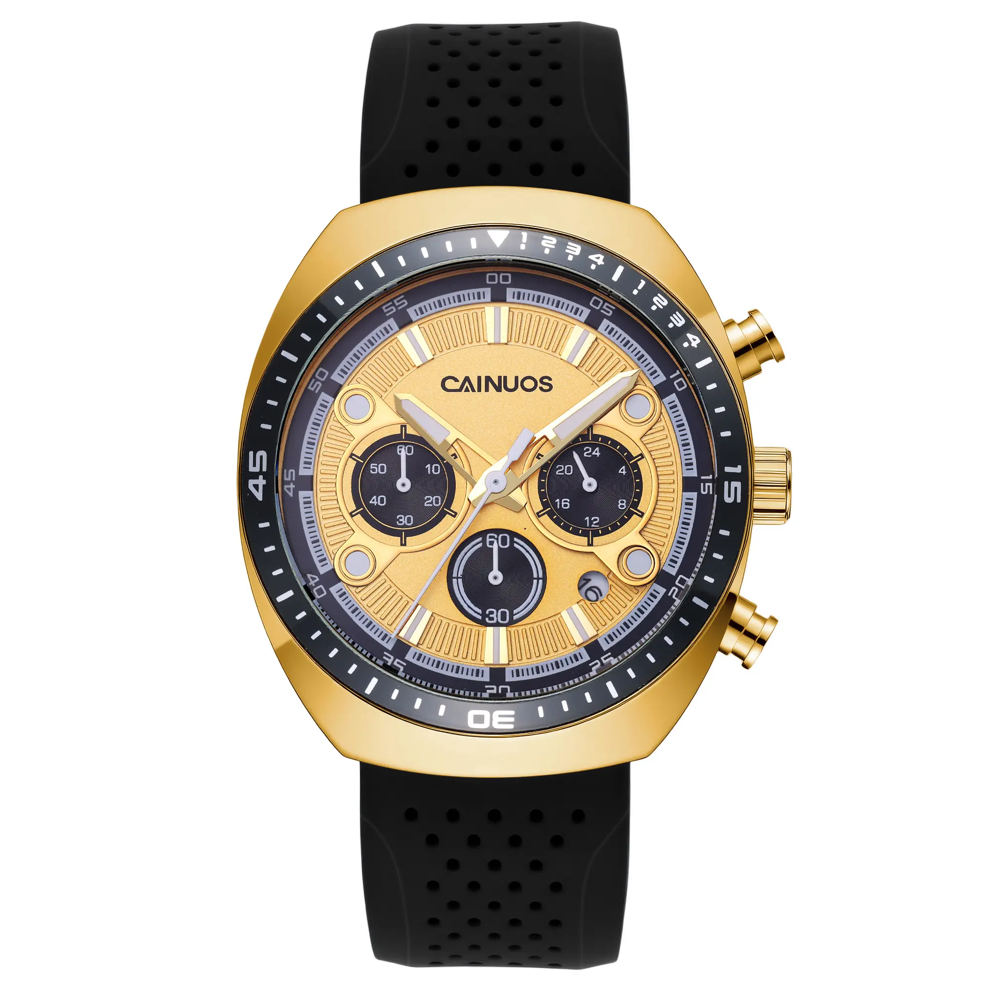 CAINUOS 5004G Men's Gold Chronograph Sport Watch, Luminous Waterproof Quartz Wristwatch, Soft Silicone Strap Racing Pilot Watch, Old Money Quiet Luxury Casual Dress Watch for Men Daily Outdoor